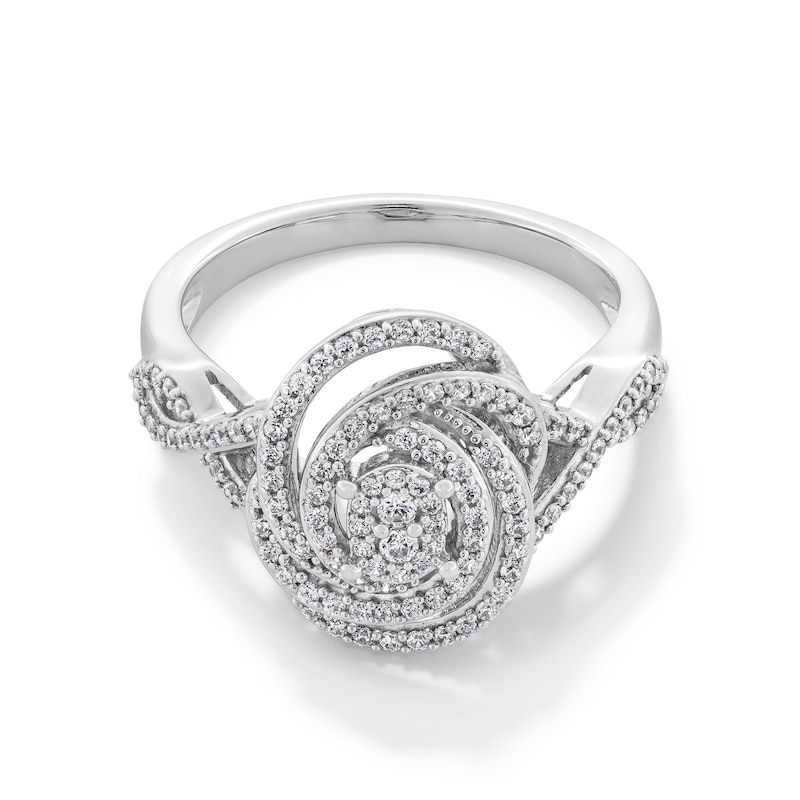Main Image 1 of 0.50 CT. T.W. Oval-Shaped Multi-Diamond Swirl Frame Twist Shank Ring in Sterling Silver