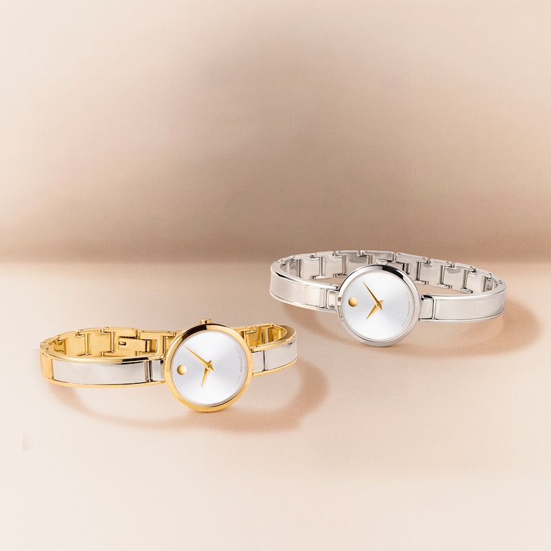 Ladies' Movado Moda Two-Tone PVD Bangle Watch with Silvery-White Sunray Dial (Model: 608012)