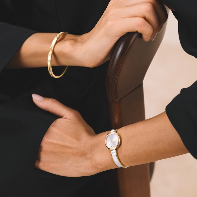 Ladies' Movado Moda Two-Tone PVD Bangle Watch with Silvery-White Sunray Dial (Model: 608012)