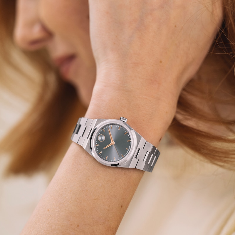 Ladies' Movado Bold® Quest Mini Stainless Steel Watch with Grey Sunray Dial (Model: 3601290)