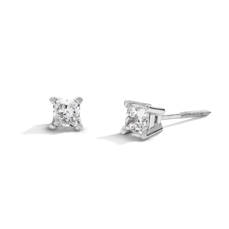 Main Image 1 of 0.50 CT. T.W. Princess-Cut Certified Lab-Grown Diamond Solitaire Stud Earrings in 14K White Gold (F/SI2)