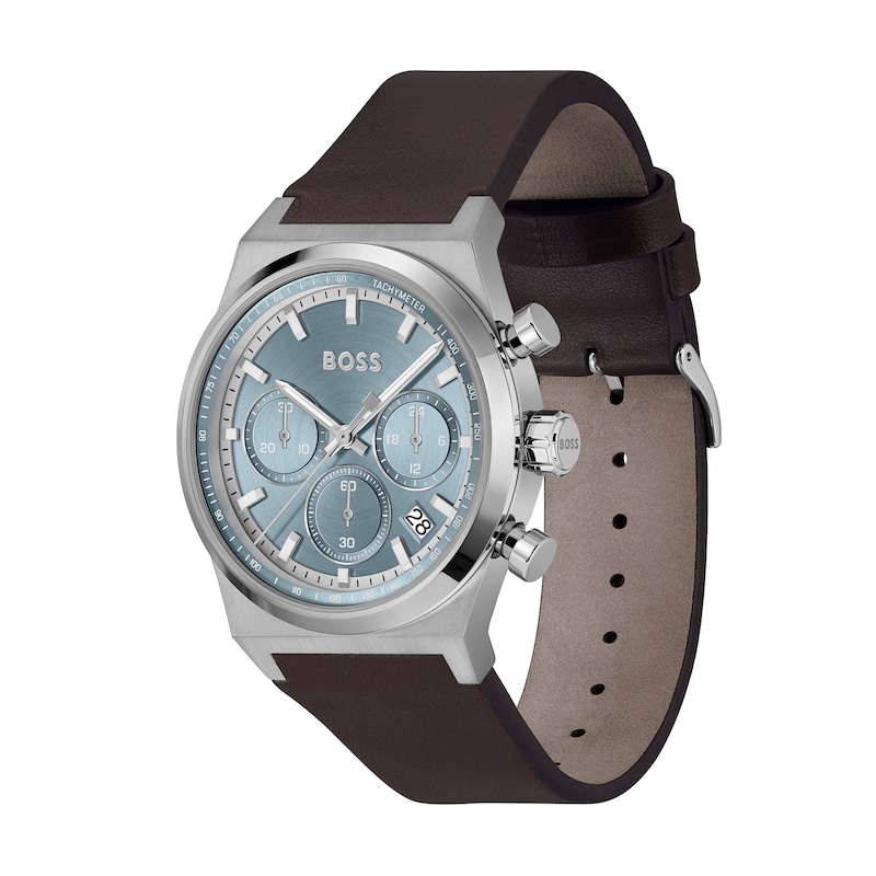 Main Image 2 of Men's Hugo Boss Candor Brown Leather Strap Chronograph Watch with Grey-Blue Dial (Model: 1514219)