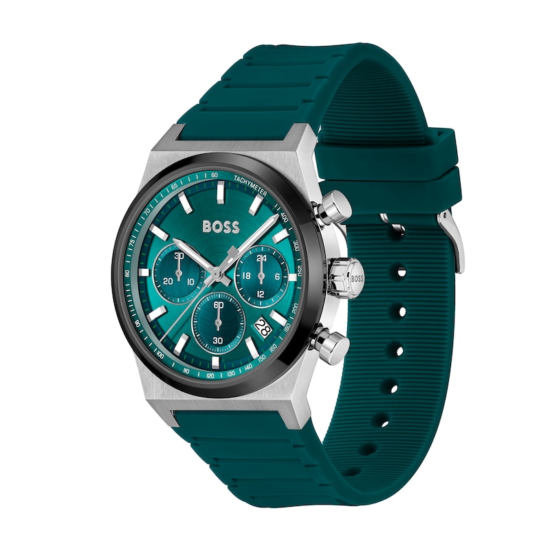 Main Image 2 of Men's Hugo Boss Candor Green Silicone Strap Chronograph Watch with Green Dial (Model: 1514244)