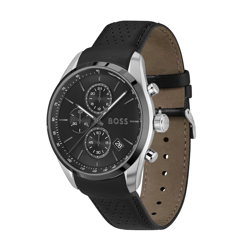 Main Image 2 of Men's Hugo Boss Grand Prix 44 Black Leather Strap Chronograph Watch with Black Dial (Model: 1514224)