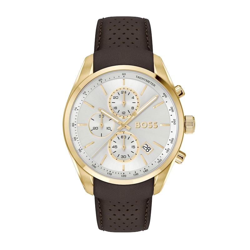 Men's Hugo Boss Grand Prix 44 Gold-Tone Brown Leather Strap Chronograph Watch with Silver-White Dial (Model: 1514225)