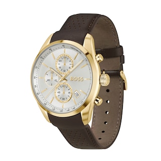 Men's Hugo Boss Grand Prix 44 Gold-Tone Brown Leather Strap Chronograph Watch with Silver-White Dial (Model: 1514225)