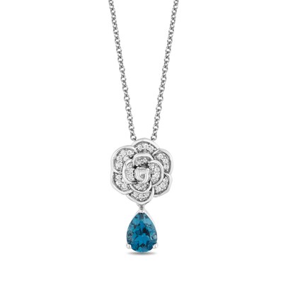 Enchanted Disney Cinderella London Blue Topaz and 0.085 CT. T.W. Diamond Rose Drop Pendant in Sterling Silver - 19"