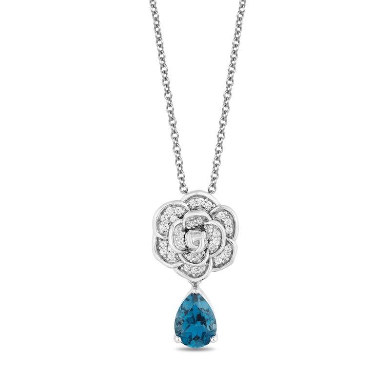 Main Image 1 of Enchanted Disney Cinderella London Blue Topaz and 0.085 CT. T.W. Diamond Rose Drop Pendant in Sterling Silver - 19"