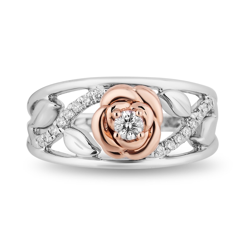 Main Image 2 of Enchanted Disney Belle 0.18 CT. T.W. Diamond Rose with Vine Band in Sterling Silver and 10K Rose Gold