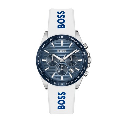 Men's Hugo Boss Strike Silicone Strap Chronograph Watch with Textured Blue Dial (Model