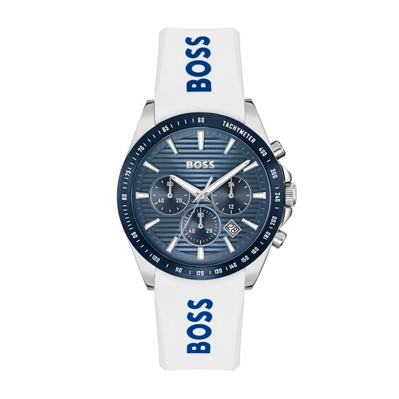 Men's Hugo Boss Strike Silicone Strap Chronograph Watch with Textured Blue Dial (Model