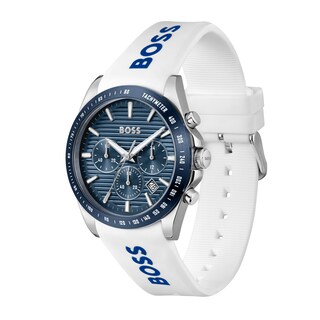 Men's Hugo Boss Strike Silicone Strap Chronograph Watch with Textured Blue Dial (Model