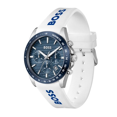 Men's Hugo Boss Strike Silicone Strap Chronograph Watch with Textured Blue Dial (Model
