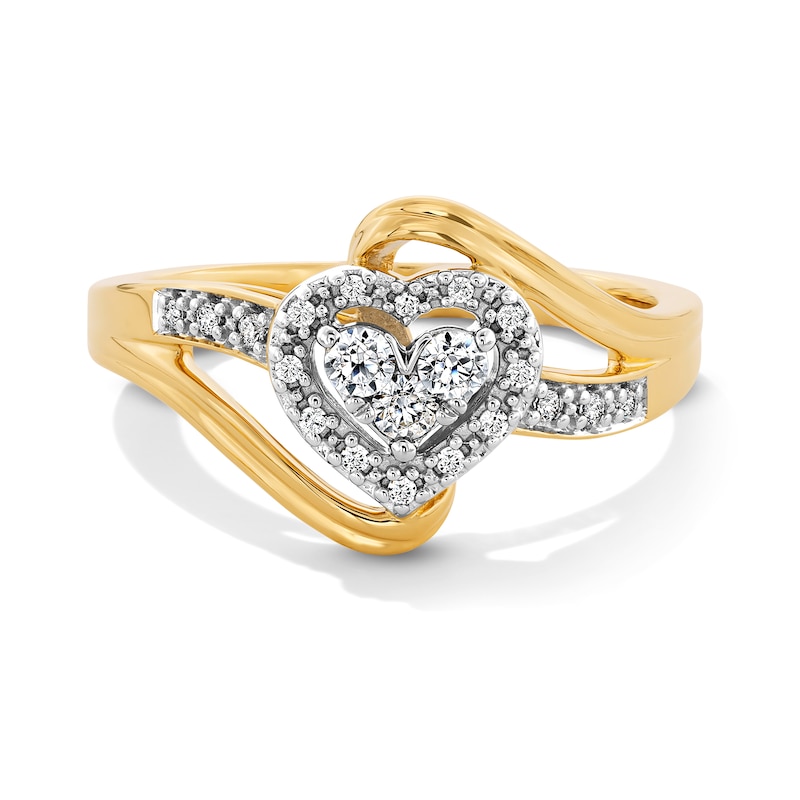 0.20 CT. T.W. Heart-Shaped Multi-Diamond Frame Bypass Shank Promise Ring in Sterling Silver with 10K Gold Plate