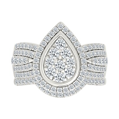 1.23 CT. T.W. Pear-Shaped Multi-Diamond Frame Multi-Row Shank Bridal Set in 10K Gold