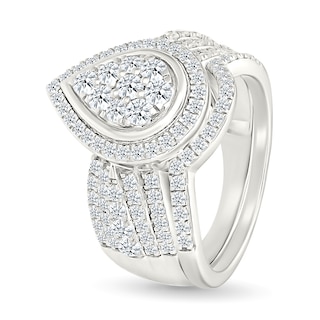 1.23 CT. T.W. Pear-Shaped Multi-Diamond Frame Multi-Row Shank Bridal Set in 10K Gold