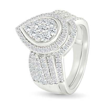 1.23 CT. T.W. Pear-Shaped Multi-Diamond Frame Multi-Row Shank Bridal Set in 10K Gold