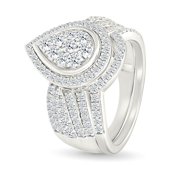 1.23 CT. T.W. Pear-Shaped Multi-Diamond Frame Multi-Row Shank Bridal Set in 10K Gold