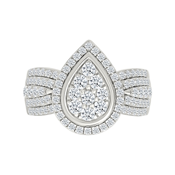 1.23 CT. T.W. Pear-Shaped Multi-Diamond Frame Multi-Row Shank Bridal Set in 10K Gold