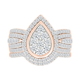1.23 CT. T.W. Pear-Shaped Multi-Diamond Frame Multi-Row Shank Bridal Set in 10K Rose Gold