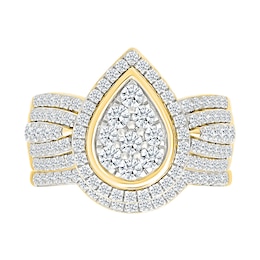 1.23 CT. T.W. Pear-Shaped Multi-Diamond Frame Multi-Row Shank Bridal Set in 10K Gold