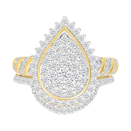 1.23 CT. T.W. Pear-Shaped Multi-Diamond Sunburst Frame Bridal Set in 10K Gold