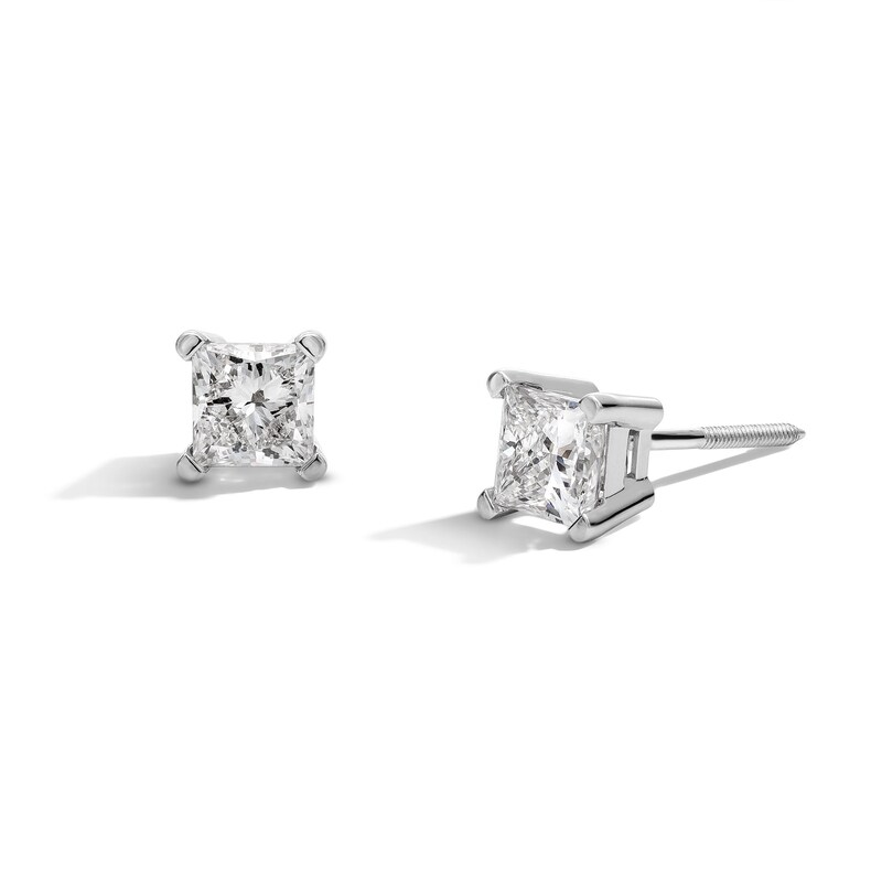 Main Image 1 of 1.00 CT. T.W. Princess-Cut Certified Lab-Grown Diamond Solitaire Stud Earrings in 14K White Gold (F/SI2)