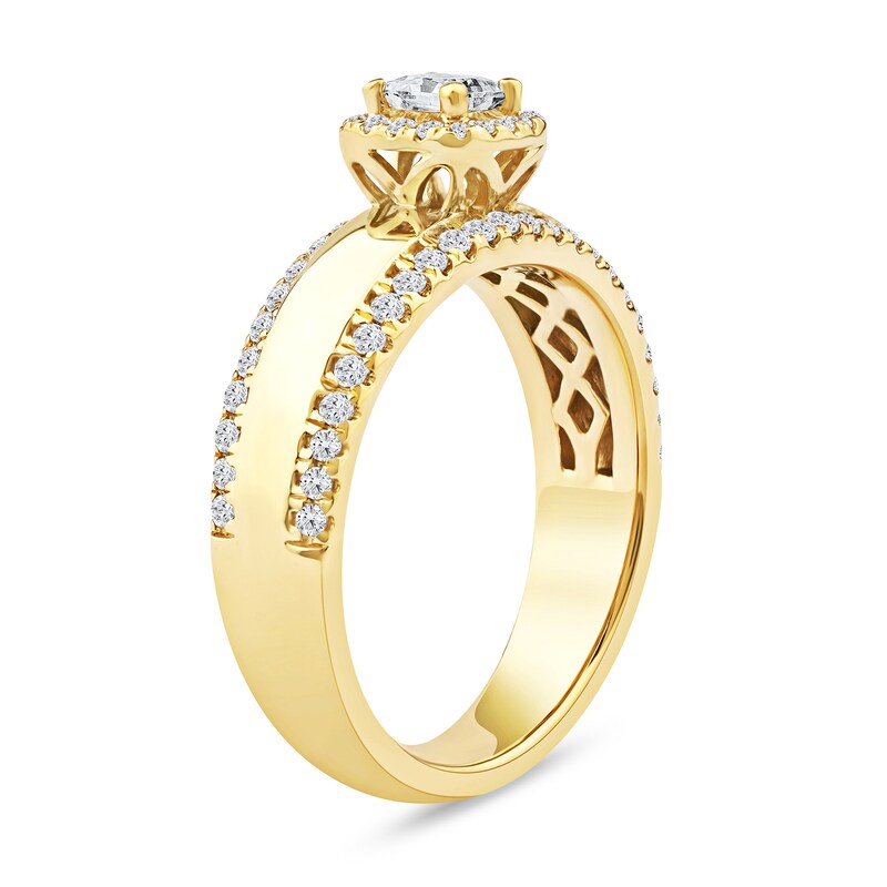 Main Image 2 of 0.75 CT. T.W. Princess-Cut Canadian Certified Centre Diamond Cushion Frame Engagement Ring in 10K Gold (I/I1)