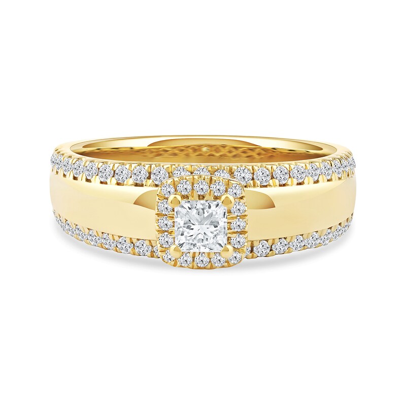 Main Image 3 of 0.75 CT. T.W. Princess-Cut Canadian Certified Centre Diamond Cushion Frame Engagement Ring in 10K Gold (I/I1)