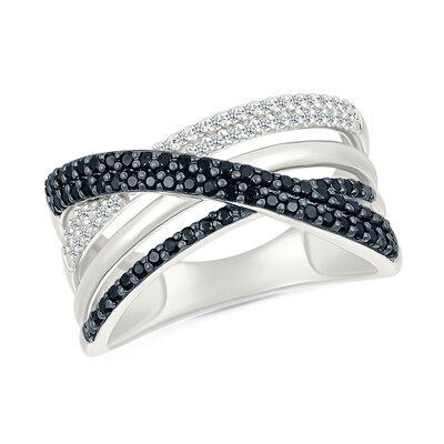 0.45 CT. T.W. Black and White Diamond Multi-Row Crossover Ring in Sterling Silver
