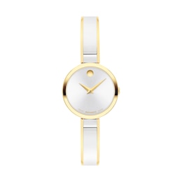Ladies' Movado Moda Two-Tone PVD Bangle Watch with Silvery-White Sunray Dial (Model: 608012)