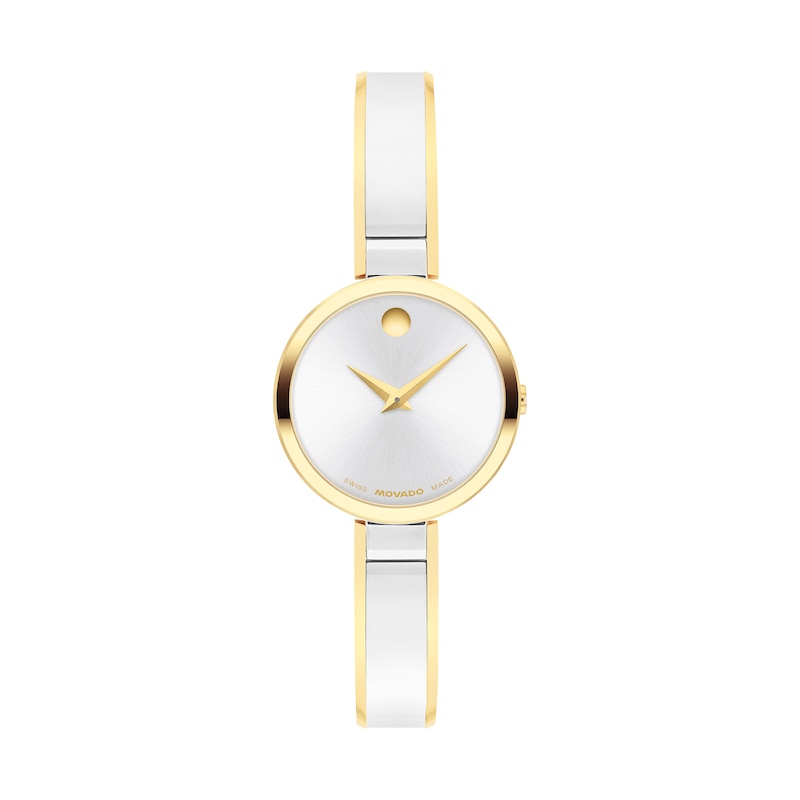Ladies' Movado Moda Two-Tone PVD Bangle Watch with Silvery-White Sunray Dial (Model: 608012)