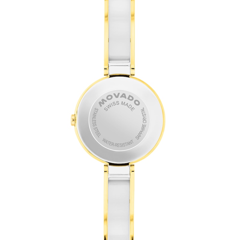 Ladies' Movado Moda Two-Tone PVD Bangle Watch with Silvery-White Sunray Dial (Model: 608012)