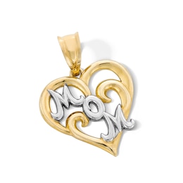 "MOM" Scrolling Heart Necklace Charm in Solid 10K Two-Tone Gold