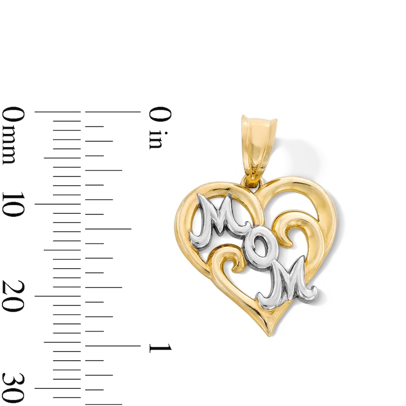 "MOM" Scrolling Heart Necklace Charm in Solid 10K Two-Tone Gold