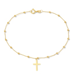 Cross with Bead Station Bracelet in Solid 14K Gold - 7.5"
