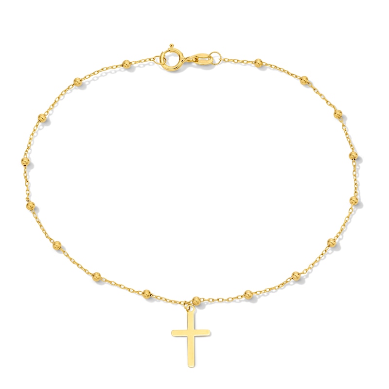 Main Image 1 of Cross with Bead Station Bracelet in Solid 14K Gold - 7.5"