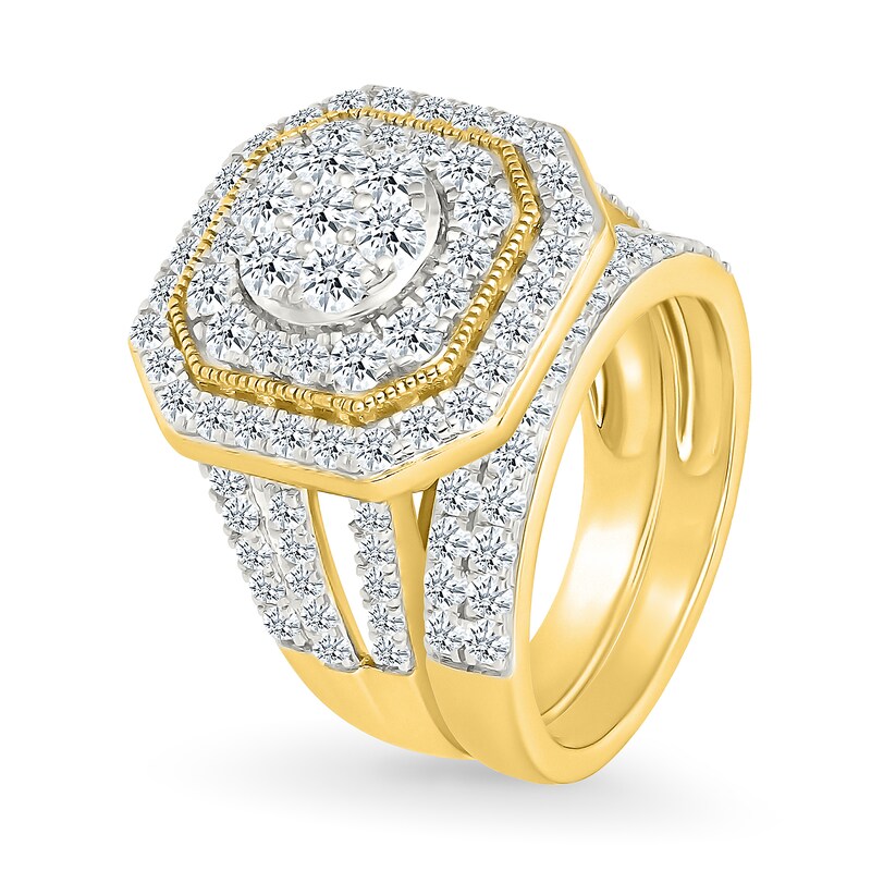 Main Image 2 of 1.95 CT. T.W. Multi-Diamond Double Octagonal Frame Triple Row Split Shank Bridal Set in 10K Gold
