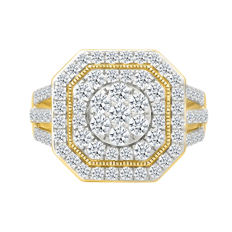 Main Image 3 of 1.95 CT. T.W. Multi-Diamond Double Octagonal Frame Triple Row Split Shank Bridal Set in 10K Gold