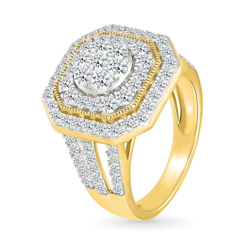 Main Image 4 of 1.95 CT. T.W. Multi-Diamond Double Octagonal Frame Triple Row Split Shank Bridal Set in 10K Gold