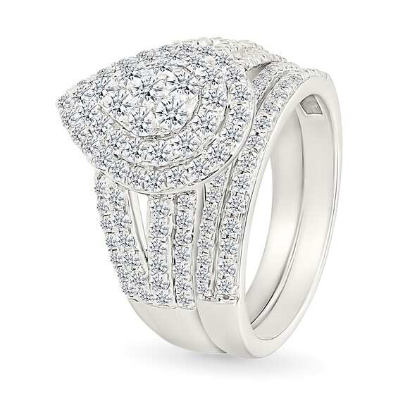 1.45 CT. T.W. Pear-Shaped Multi-Diamond Double Frame Multi-Row Split Shank Bridal Set in 10K Gold