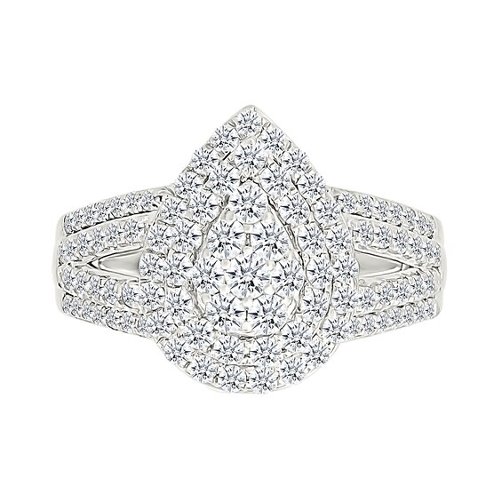 1.45 CT. T.W. Pear-Shaped Multi-Diamond Double Frame Multi-Row Split Shank Bridal Set in 10K Gold