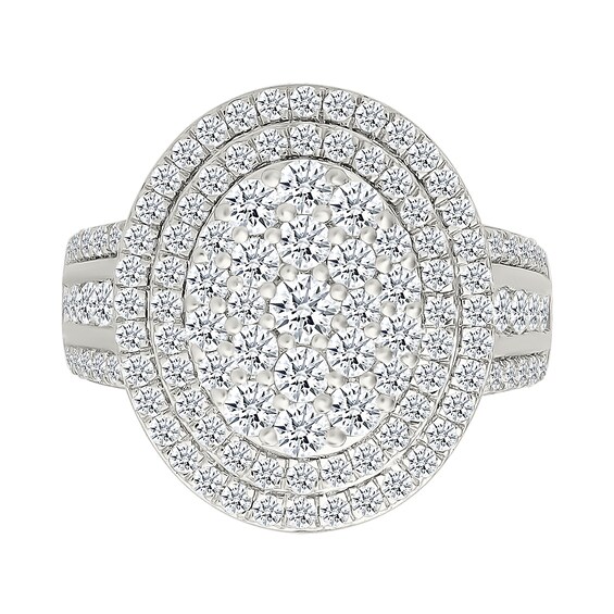 1.95 CT. T.W. Oval-Shaped Multi-Diamond Double Frame Multi-Row Shank Bridal Set in 10K Gold
