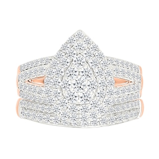 1.45 CT. T.W. Pear-Shaped Multi-Diamond Double Frame Multi-Row Split Shank Bridal Set in 10K Rose Gold