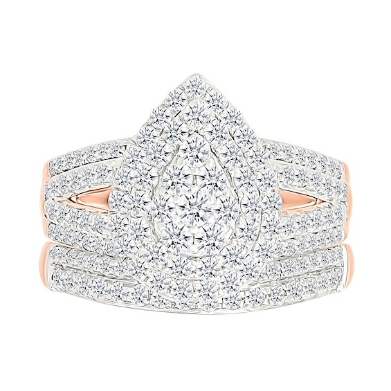 1.45 CT. T.W. Pear-Shaped Multi-Diamond Double Frame Multi-Row Split Shank Bridal Set in 10K Rose Gold