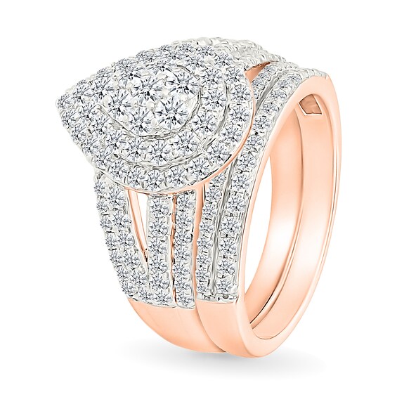 1.45 CT. T.W. Pear-Shaped Multi-Diamond Double Frame Multi-Row Split Shank Bridal Set in 10K Rose Gold