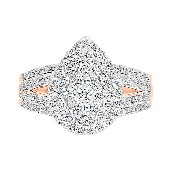 1.45 CT. T.W. Pear-Shaped Multi-Diamond Double Frame Multi-Row Split Shank Bridal Set in 10K Rose Gold