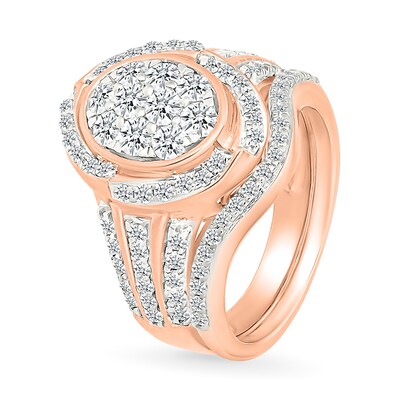 1.23 CT. T.W. Oval-Shaped Multi-Diamond Swirl Frame Triple Row Shank Bridal Set in 10K Rose Gold