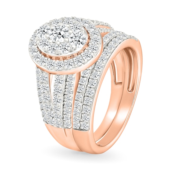 1.45 CT. T.W. Oval-Shaped Multi-Diamond Frame Multi-Row Split Shank Bridal Set in 10K Rose Gold