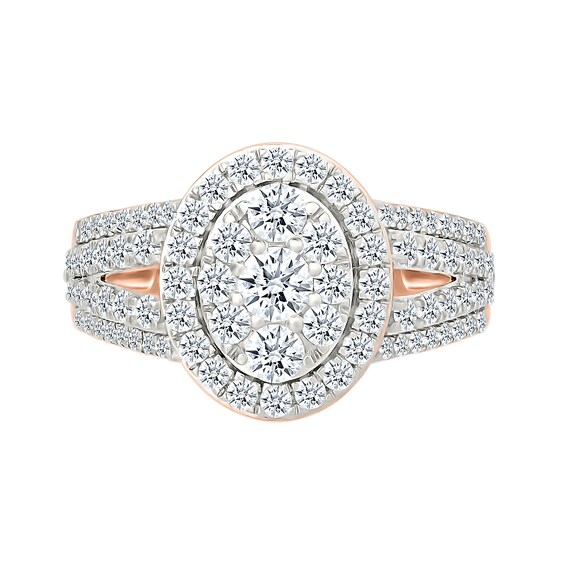 1.45 CT. T.W. Oval-Shaped Multi-Diamond Frame Multi-Row Split Shank Bridal Set in 10K Rose Gold
